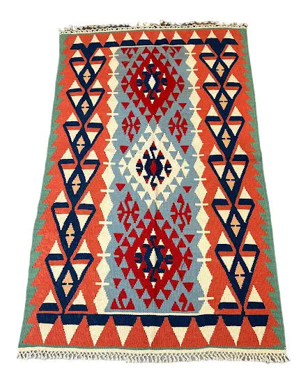 Handmade Vintage Wool Rug Afghan Kilim Multicolor Geometric Design 3'4 x 5'9 I Got Rugs