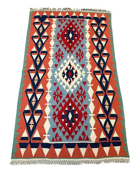 Handmade Vintage Wool Rug Afghan Kilim Multicolor Geometric Design 3'4 x 5'9 I Got Rugs