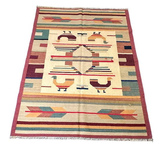 Handmade Vintage Wool Rug Afghan Kilim Multicolor Geometric Design 5'7 x 7'3 I Got Rugs