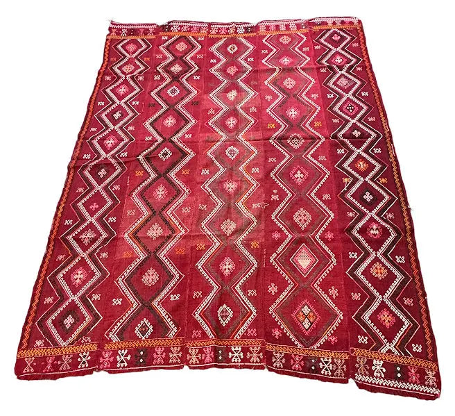 Handmade Vintage Wool Rug Afghan Kilim Red Diamond Design 6'1 x 8'4 I Got Rugs