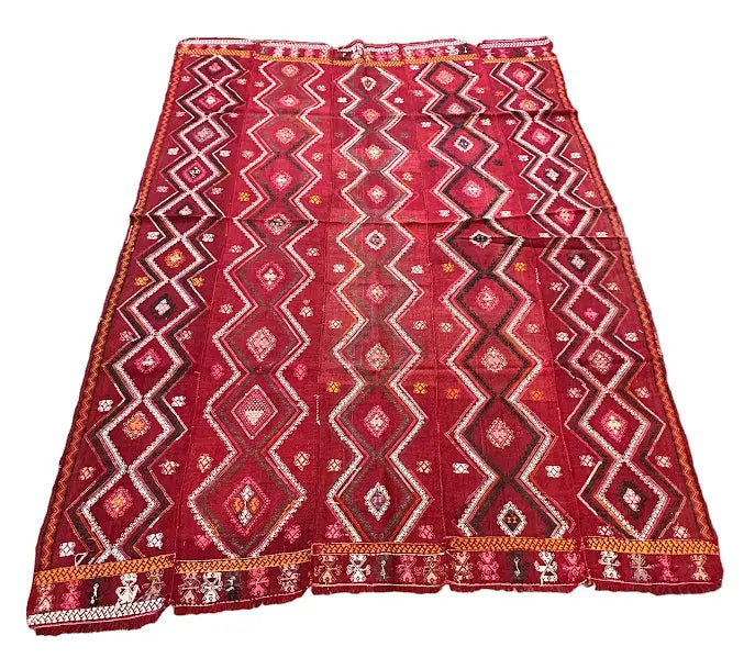 Handmade Vintage Wool Rug Afghan Kilim Red Diamond Design 6'1 x 8'4 I Got Rugs
