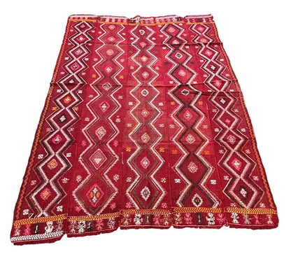 Handmade Vintage Wool Rug Afghan Kilim Red Diamond Design 6'1 x 8'4 I Got Rugs