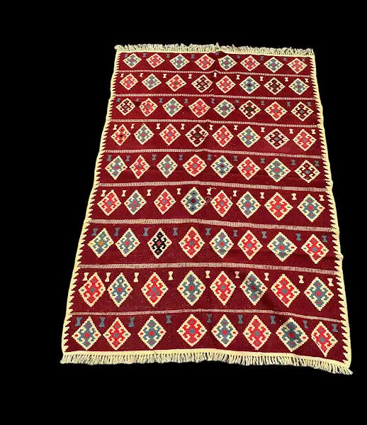 Handmade Vintage Wool Rug Afghan Kilim Tribal Design in Red 4'7 x 6'8 I Got Rugs