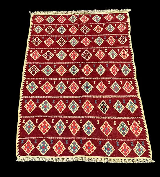 Handmade Vintage Wool Rug Afghan Kilim Tribal Design in Red 4'7 x 6'8 I Got Rugs