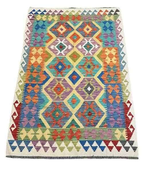 Handmade Vintage Wool Rug Afghan Kilim Vibrant Colors Geometric Design 3'6 x 5'2 I Got Rugs