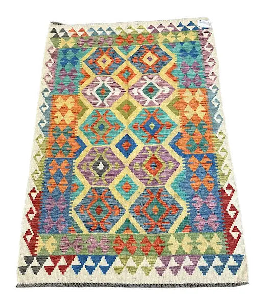 Handmade Vintage Wool Rug Afghan Kilim Vibrant Colors Geometric Design 3'6 x 5'2 I Got Rugs