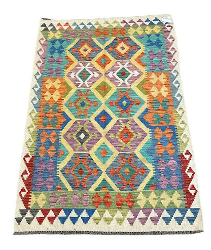 Handmade Vintage Wool Rug Afghan Kilim Vibrant Colors Geometric Design 3'6 x 5'2 I Got Rugs