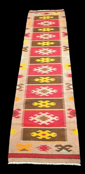 Handmade Vintage Wool Rug Beige Turkish Kilim Tribal Design Runner 3'2 x 11'2 I Got Rugs