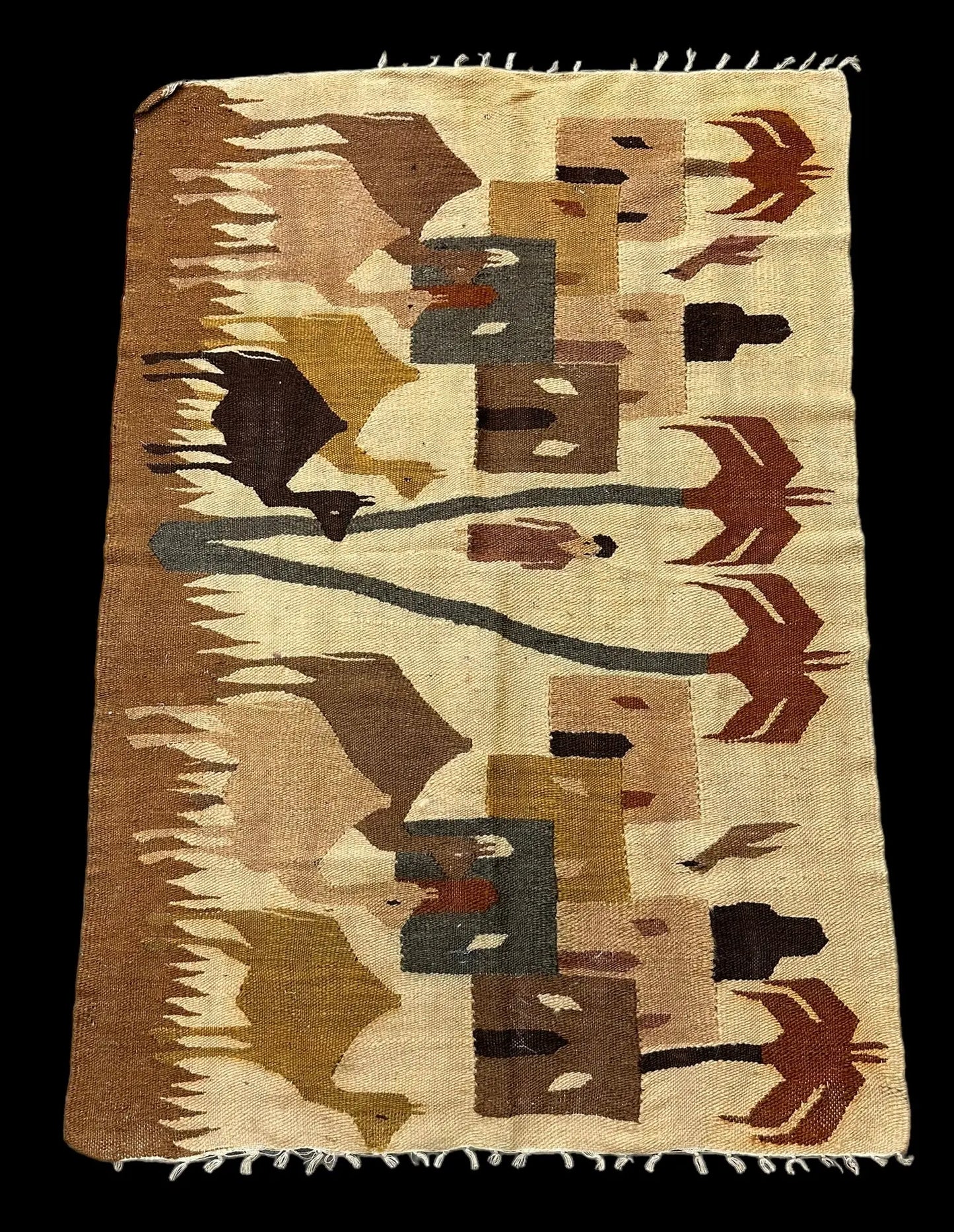 Handmade Vintage Wool Rug Beige Turkish Kilim Village Pictorial 2'10 x 4'1 I Got Rugs