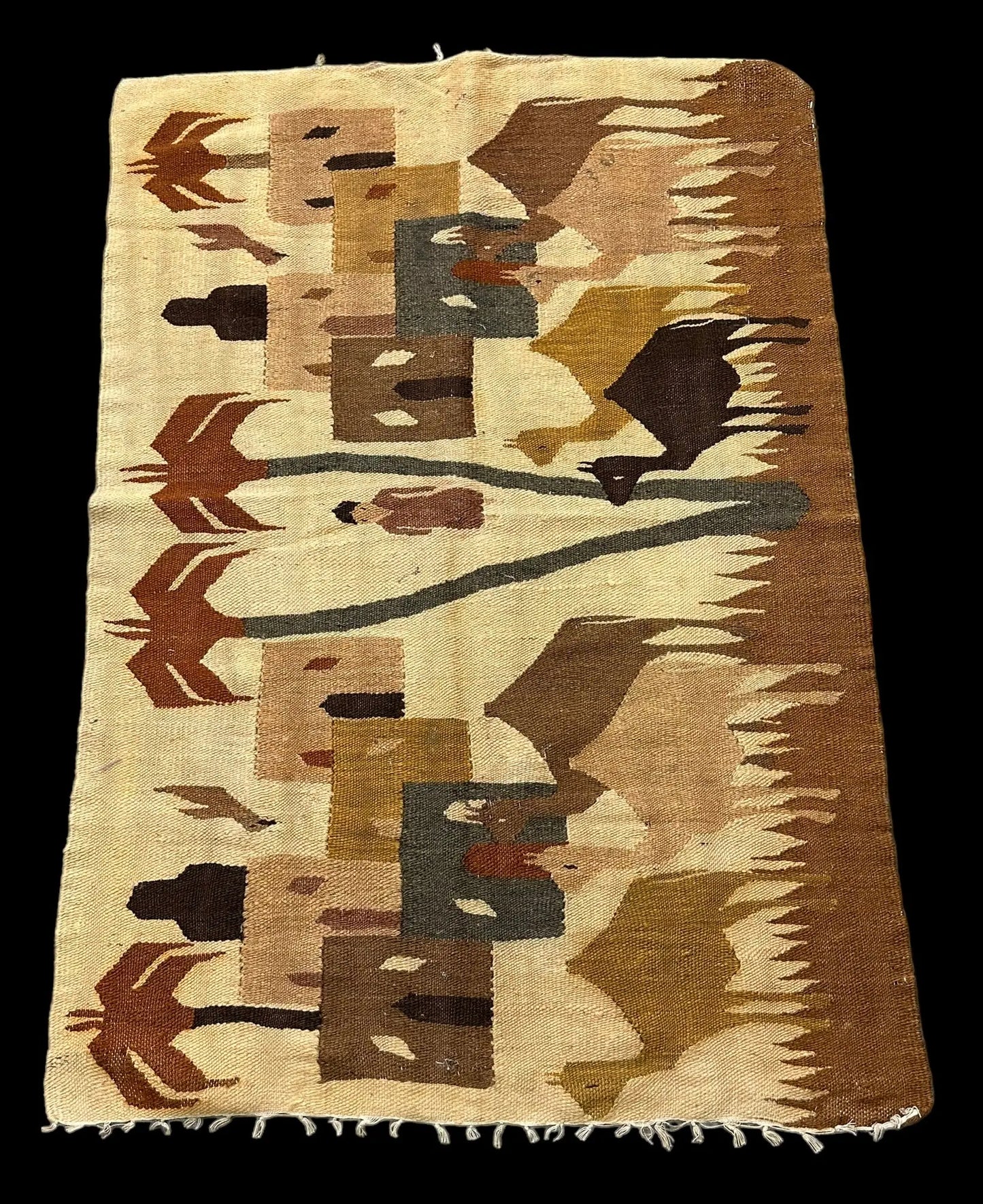 Handmade Vintage Wool Rug Beige Turkish Kilim Village Pictorial 2'10 x 4'1 I Got Rugs