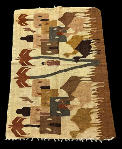 Handmade Vintage Wool Rug Beige Turkish Kilim Village Pictorial 2'10 x 4'1 I Got Rugs