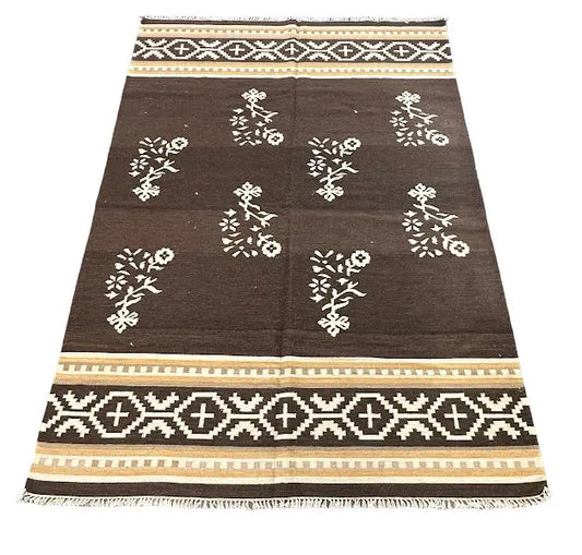 Handmade Vintage Wool Rug Brown Turkish Tribal Floral Pattern 5'4 x 7'9 I Got Rugs