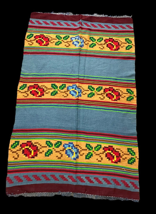 Handmade Vintage Wool Rug Colorful Mexican Sarape Floral Design 3'3 x 5'2 I Got Rugs