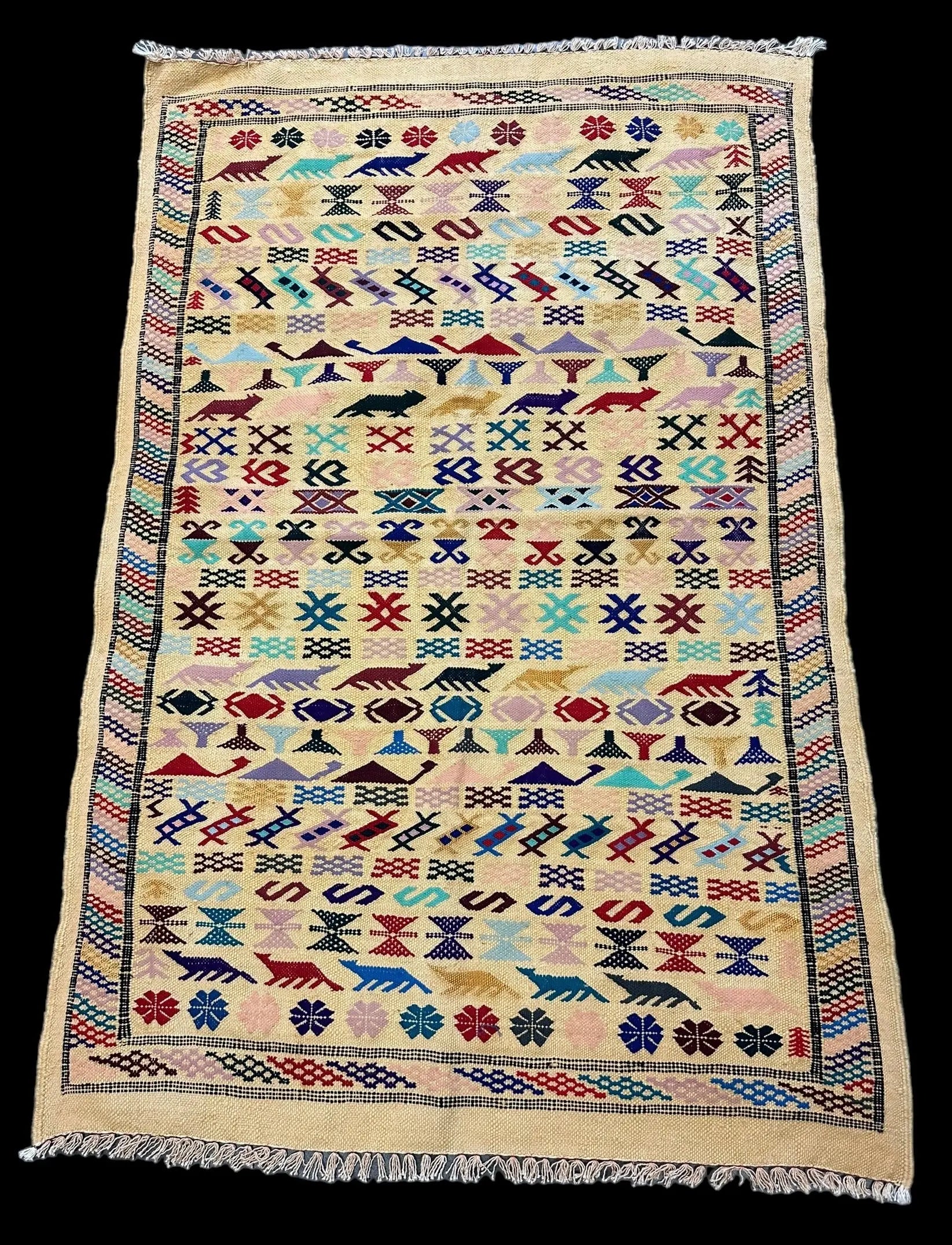 Handmade Vintage Wool Rug Colorful Moroccan Berber Tribal Design 3' x 4'7 I Got Rugs