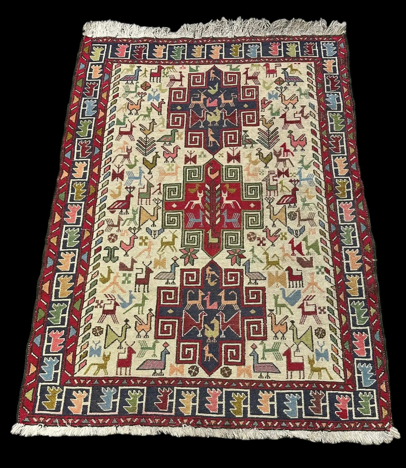 Handmade Vintage Wool Rug Colorful Persian Soumak Design 3'7 x 4'11 I Got Rugs Handmade Vintage Wool Rug Colorful Persian Soumak Design 3'7 x 4'11 I Got Rugs Handmade Vintage I Got Rugs