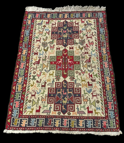 Handmade Vintage Wool Rug Colorful Persian Soumak Design 3'7 x 4'11 I Got Rugs Handmade Vintage Wool Rug Colorful Persian Soumak Design 3'7 x 4'11 I Got Rugs Handmade Vintage I Got Rugs