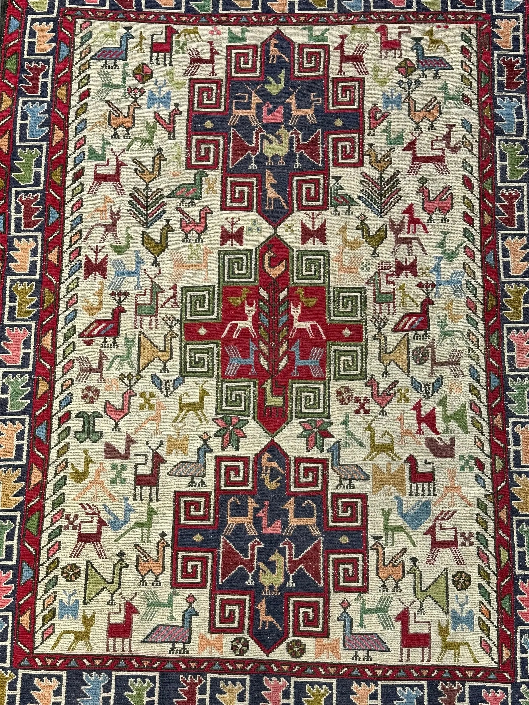 Handmade Vintage Wool Rug Colorful Persian Soumak Design 3'7 x 4'11 I Got Rugs Handmade Vintage Wool Rug Colorful Persian Soumak Design 3'7 x 4'11 I Got Rugs Handmade Vintage I Got Rugs