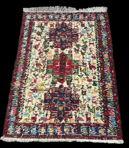 Handmade Vintage Wool Rug Colorful Persian Soumak Design 3'7 x 4'11 I Got Rugs Handmade Vintage Wool Rug Colorful Persian Soumak Design 3'7 x 4'11 I Got Rugs Handmade Vintage I Got Rugs