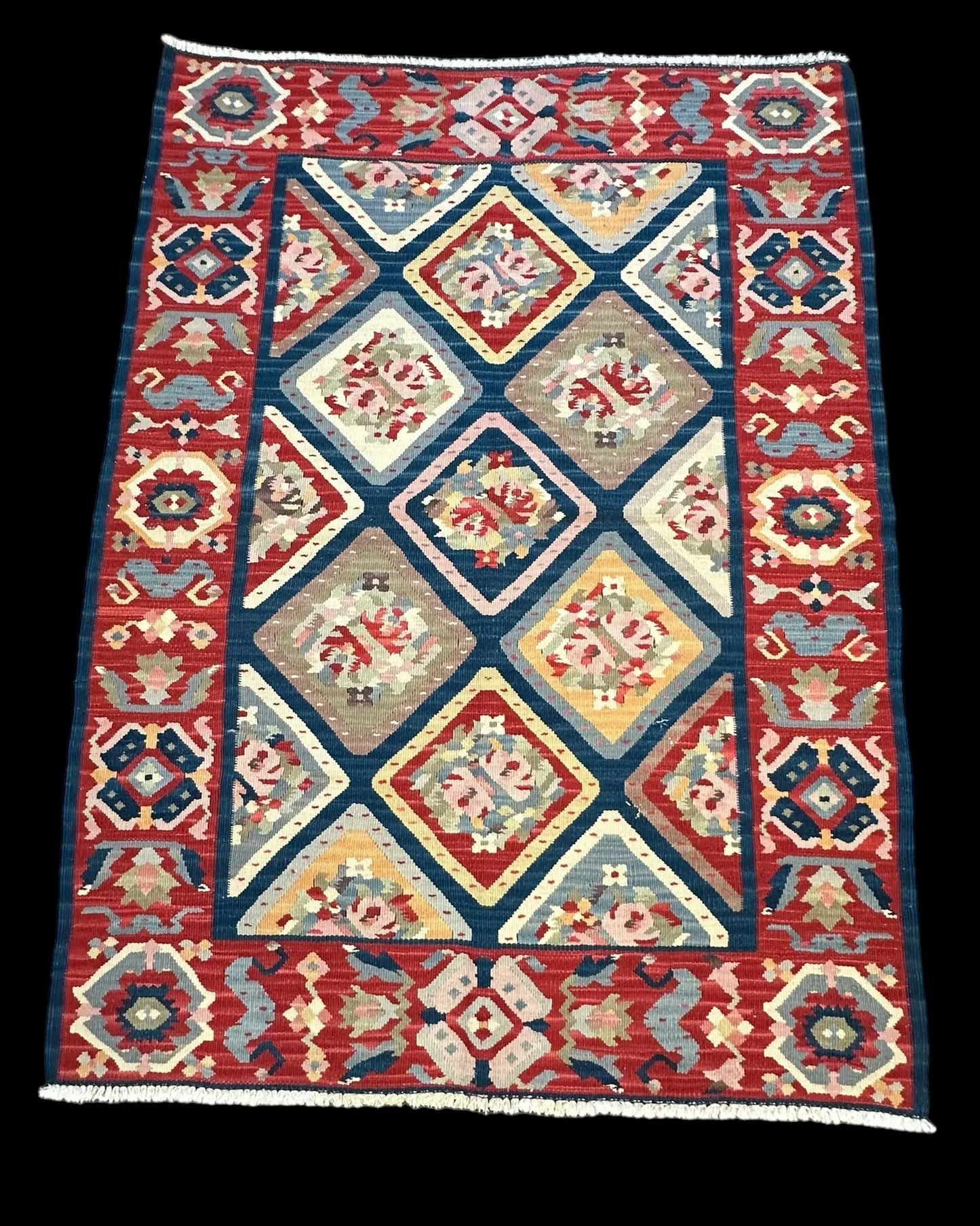 Handmade Vintage Wool Rug Colorful Turkish Kilim Floral Design 4' x 5'6 I Got Rugs