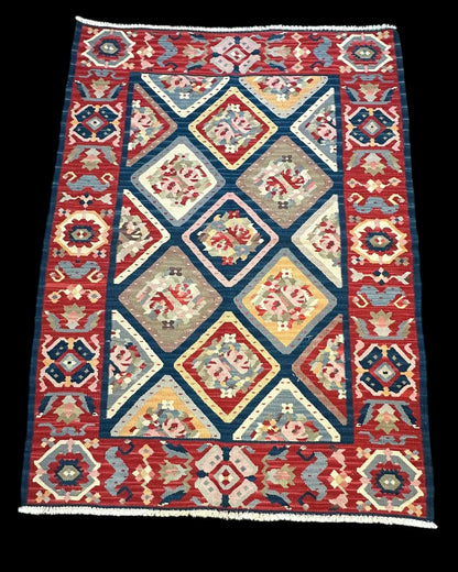 Handmade Vintage Wool Rug Colorful Turkish Kilim Floral Design 4' x 5'6 I Got Rugs