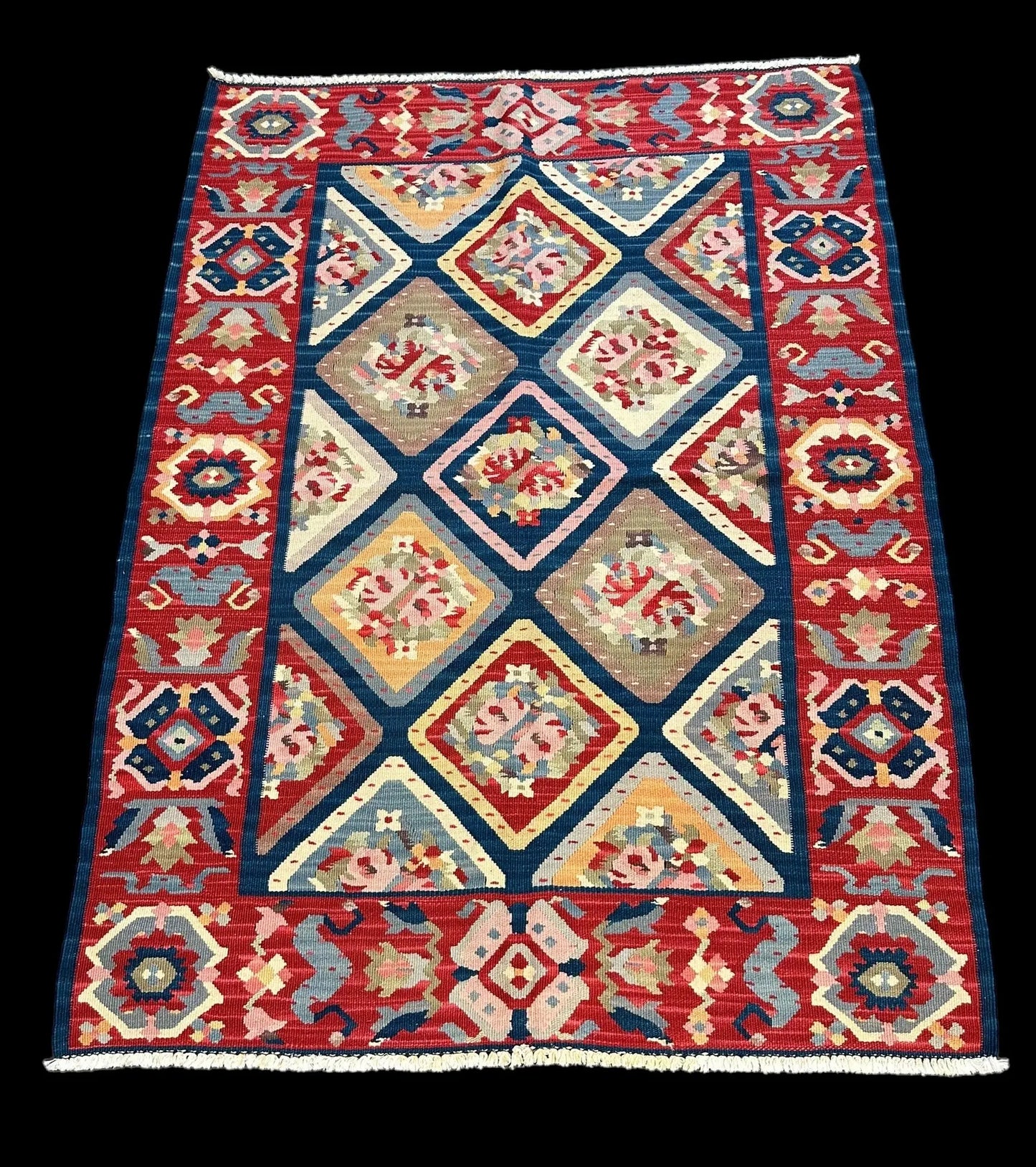 Handmade Vintage Wool Rug Colorful Turkish Kilim Floral Design 4' x 5'6 I Got Rugs