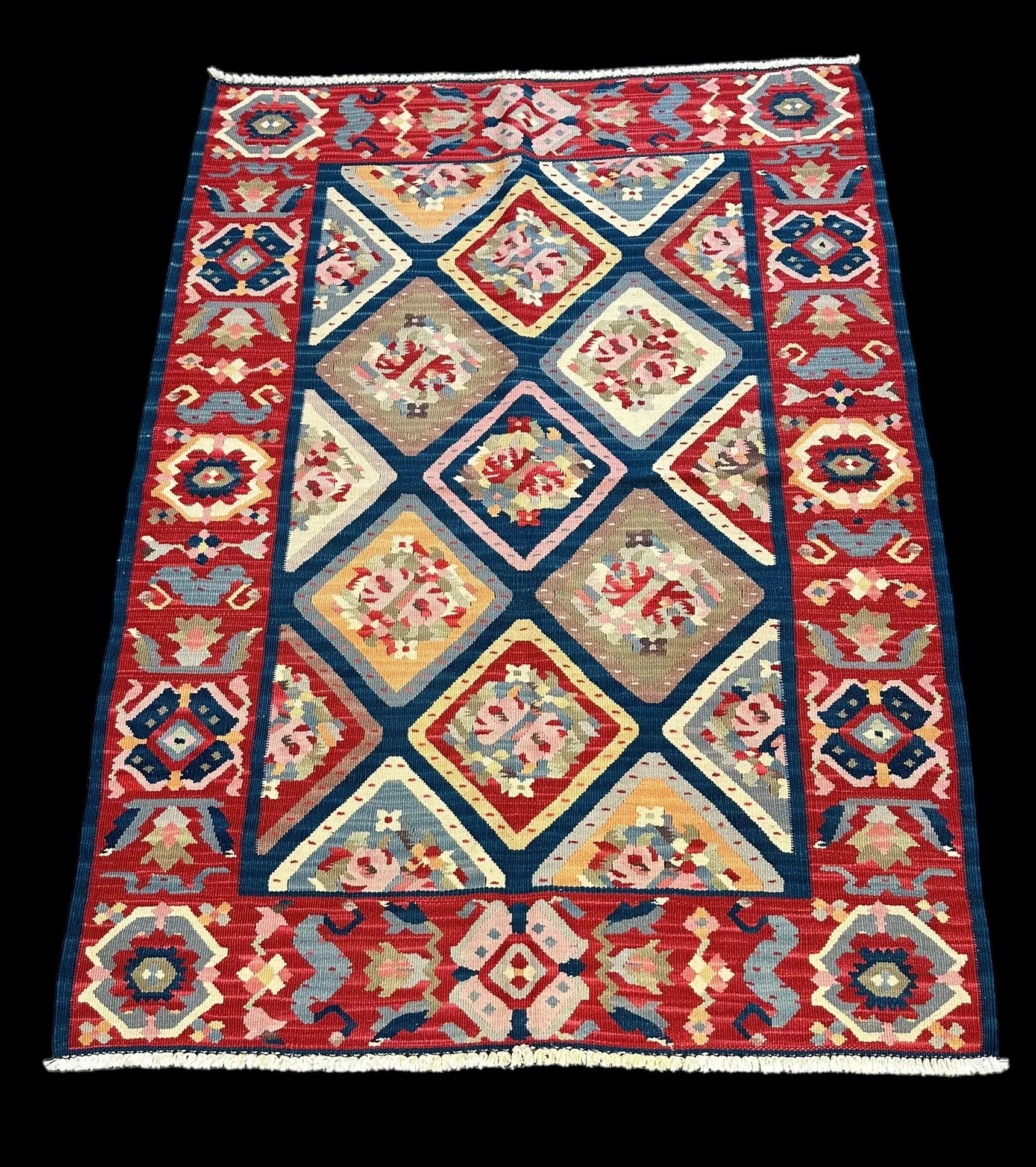Handmade Vintage Wool Rug Colorful Turkish Kilim Floral Design 4' x 5'6 I Got Rugs