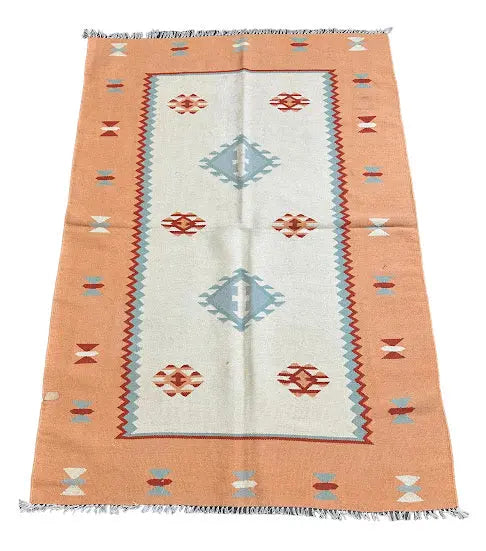Handmade Vintage Wool Rug Egyptian Kilim Geometric Design Orange 3'7 x 5'4 I Got Rugs