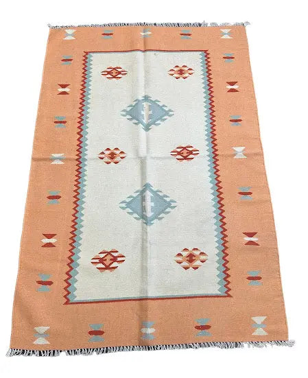 Handmade Vintage Wool Rug Egyptian Kilim Geometric Design Orange 3'7 x 5'4 I Got Rugs