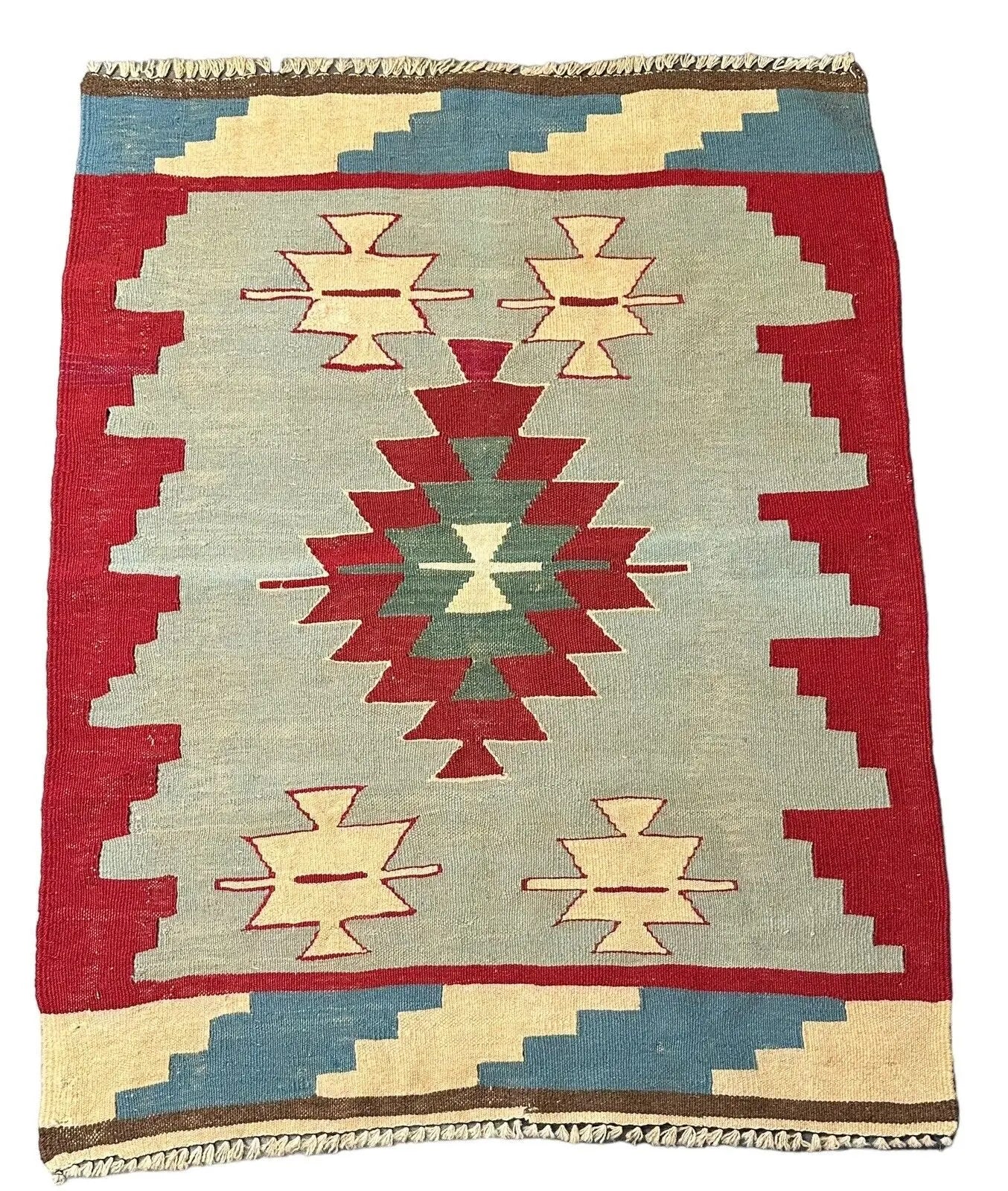 Handmade Vintage Wool Rug Geometric Design Blue and Red 2'10 x 3'7 I Got Rugs