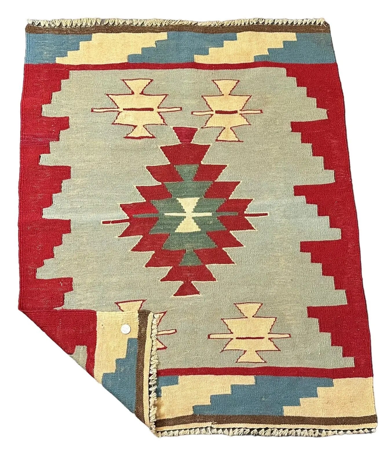Handmade Vintage Wool Rug Geometric Design Blue and Red 2'10 x 3'7 I Got Rugs