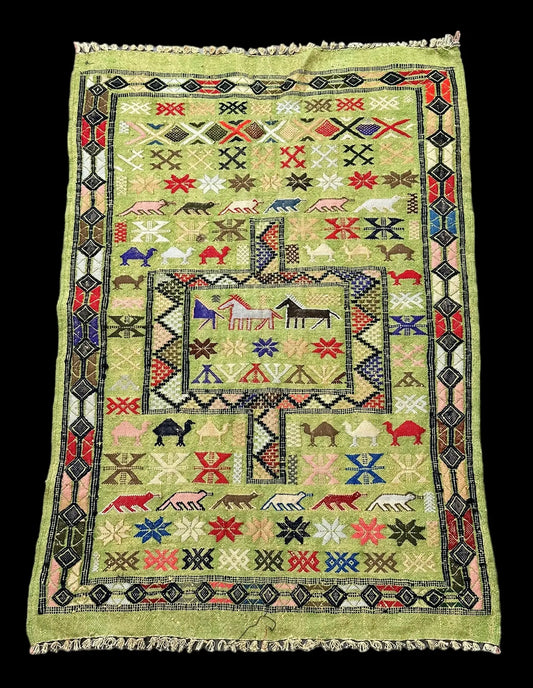 Handmade Vintage Wool Rug Green Moroccan Berber Tribal Design 2'9 x 4' I Got Rugs