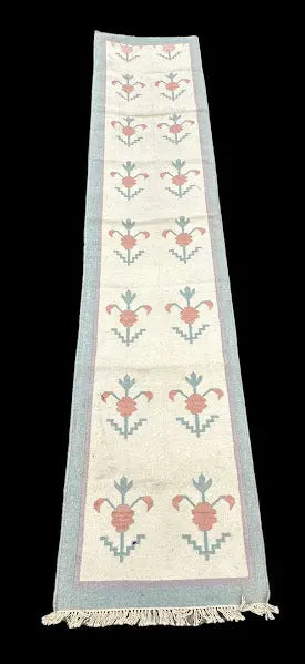 Handmade Vintage Wool Rug Indian Dhurrie Floral Runner Light Colors 2'7 x 12'5 I Got Rugs