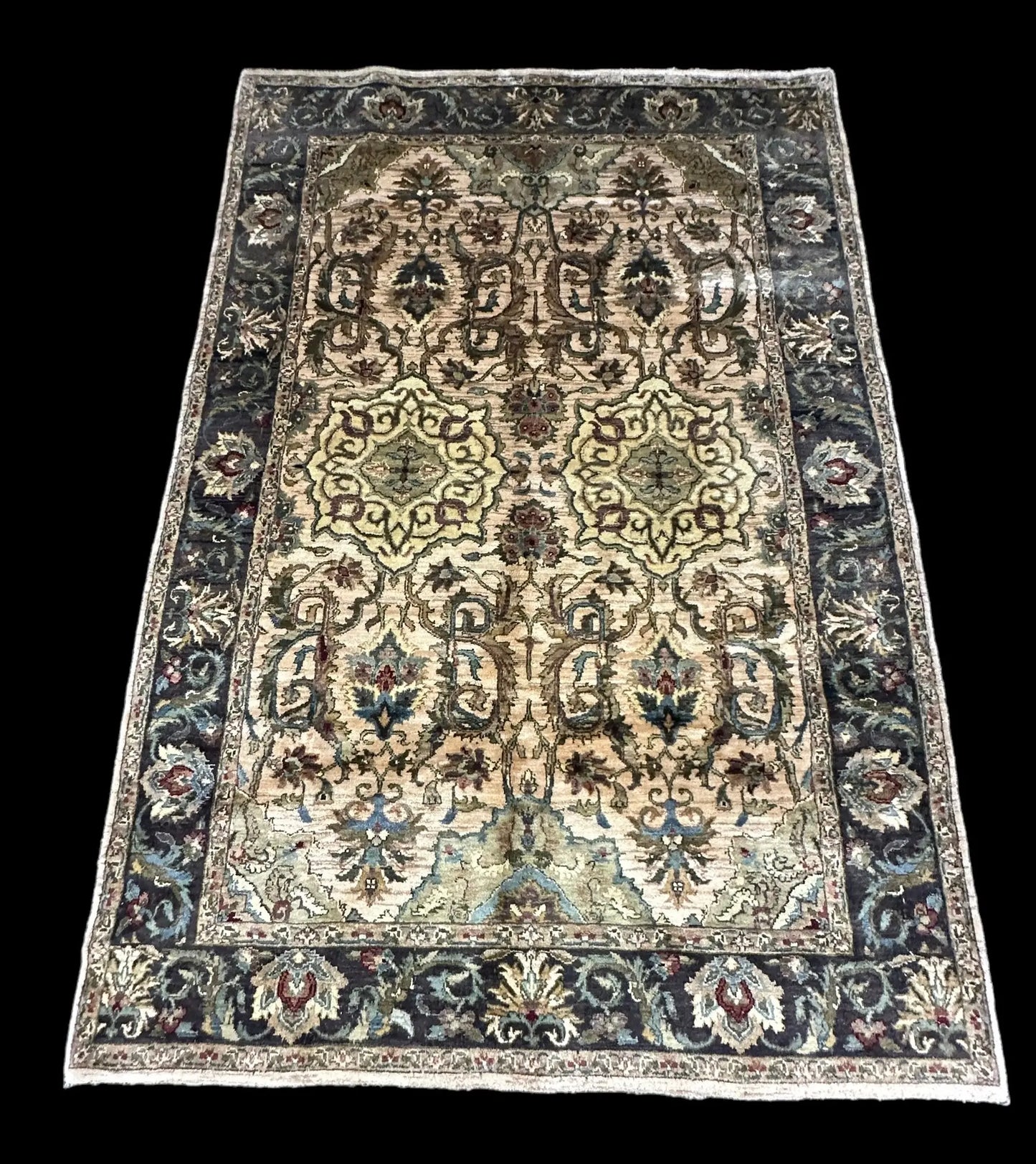 Handmade Vintage Wool Rug Indian Oriental Design in Dark Colors 5'9 x 8'9 I Got Rugs
