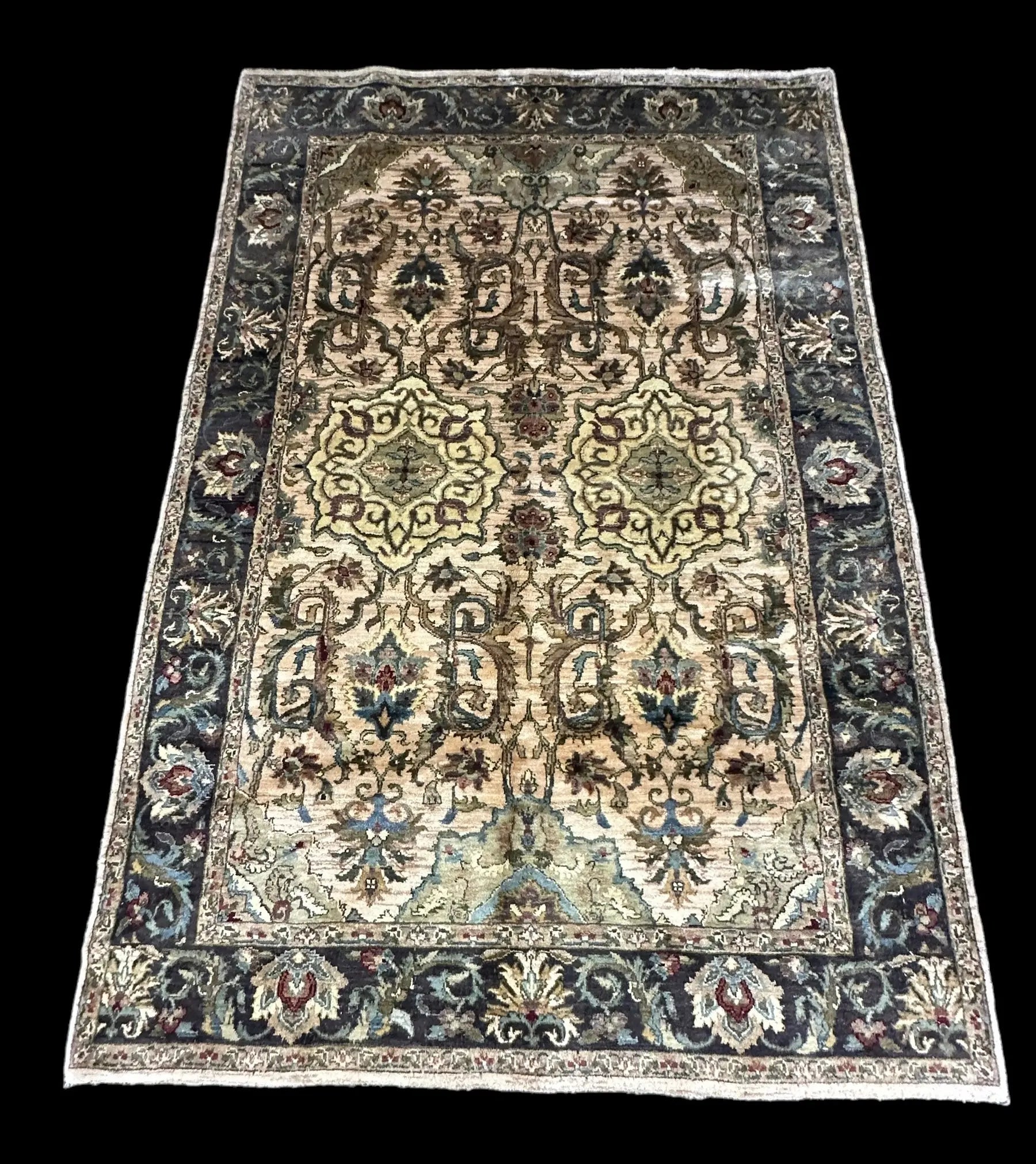 Handmade Vintage Wool Rug Indian Oriental Design in Dark Colors 5'9 x 8'9 I Got Rugs