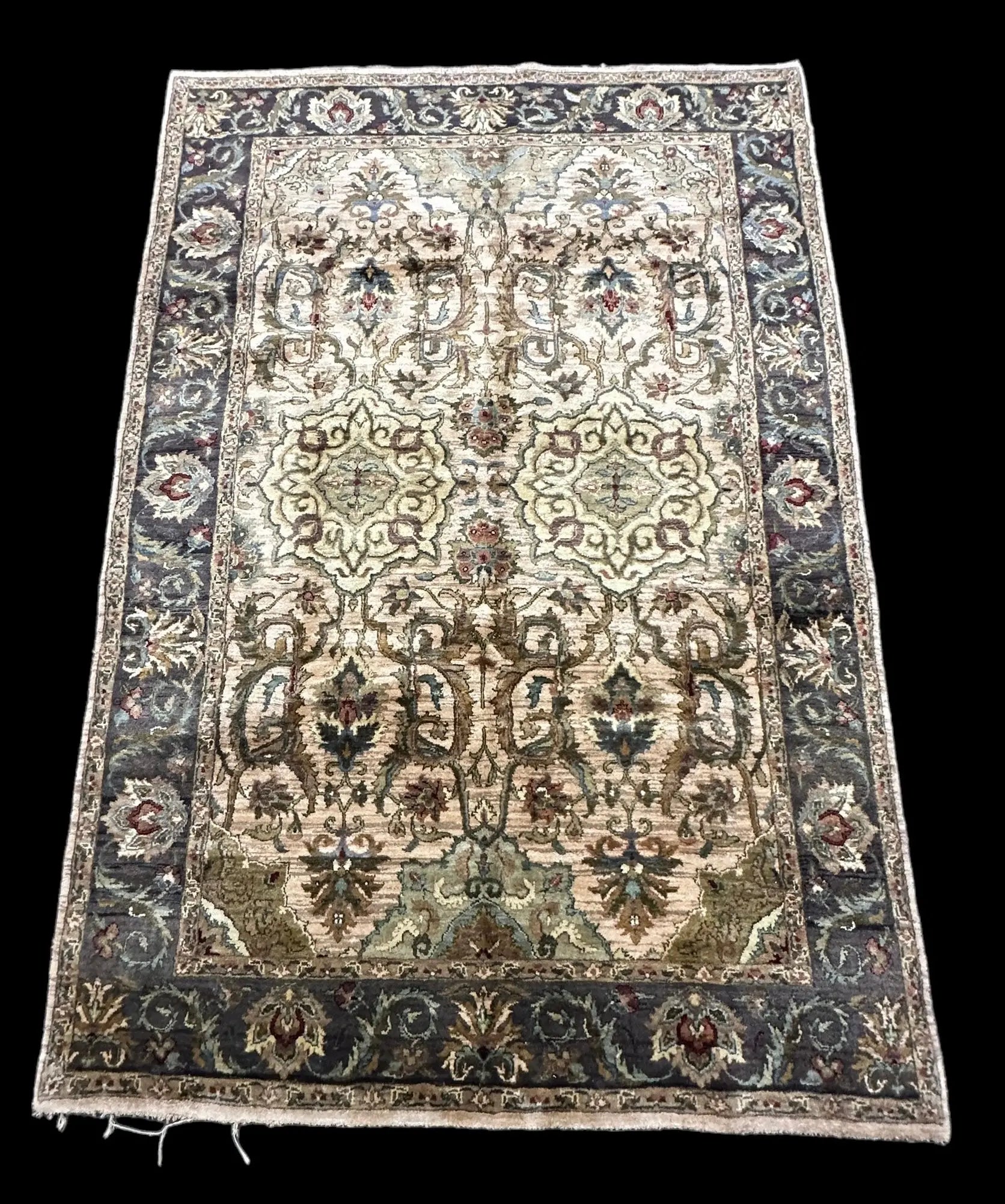 Handmade Vintage Wool Rug Indian Oriental Design in Dark Colors 5'9 x 8'9 I Got Rugs