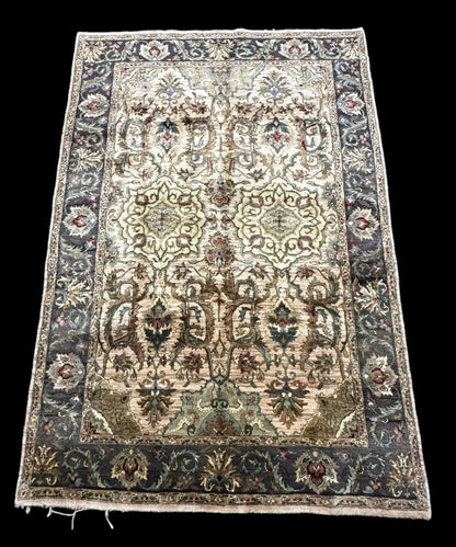 Handmade Vintage Wool Rug Indian Oriental Design in Dark Colors 5'9 x 8'9 I Got Rugs