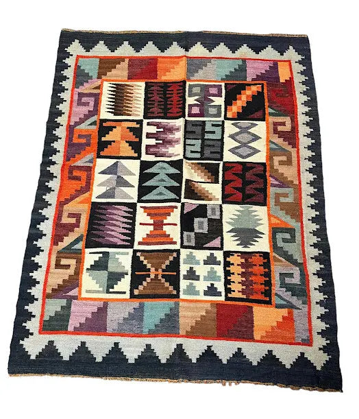 Handmade Vintage Wool Rug Iraqi Kilim Geometric Design Multicolor 3'10 x 4'11 I Got Rugs