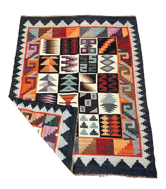 Handmade Vintage Wool Rug Iraqi Kilim Geometric Design Multicolor 3'10 x 4'11 I Got Rugs
