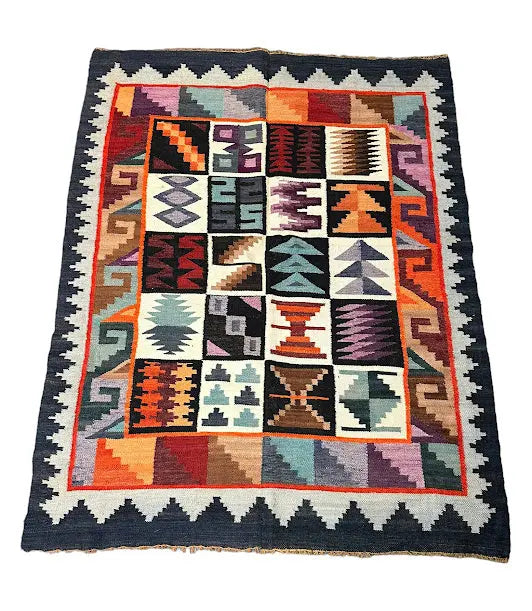 Handmade Vintage Wool Rug Iraqi Kilim Geometric Design Multicolor 3'10 x 4'11 I Got Rugs