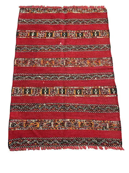 Handmade Vintage Wool Rug Moroccan Kilim Tribal Design Red 2'10 x 4'2 - I Got Rugs Handmade Vintage Wool Rug Moroccan Kilim Tribal Design Red 2'10 x 4'2 I Got Rugs Handmade Vintage I Got Rugs  160.00