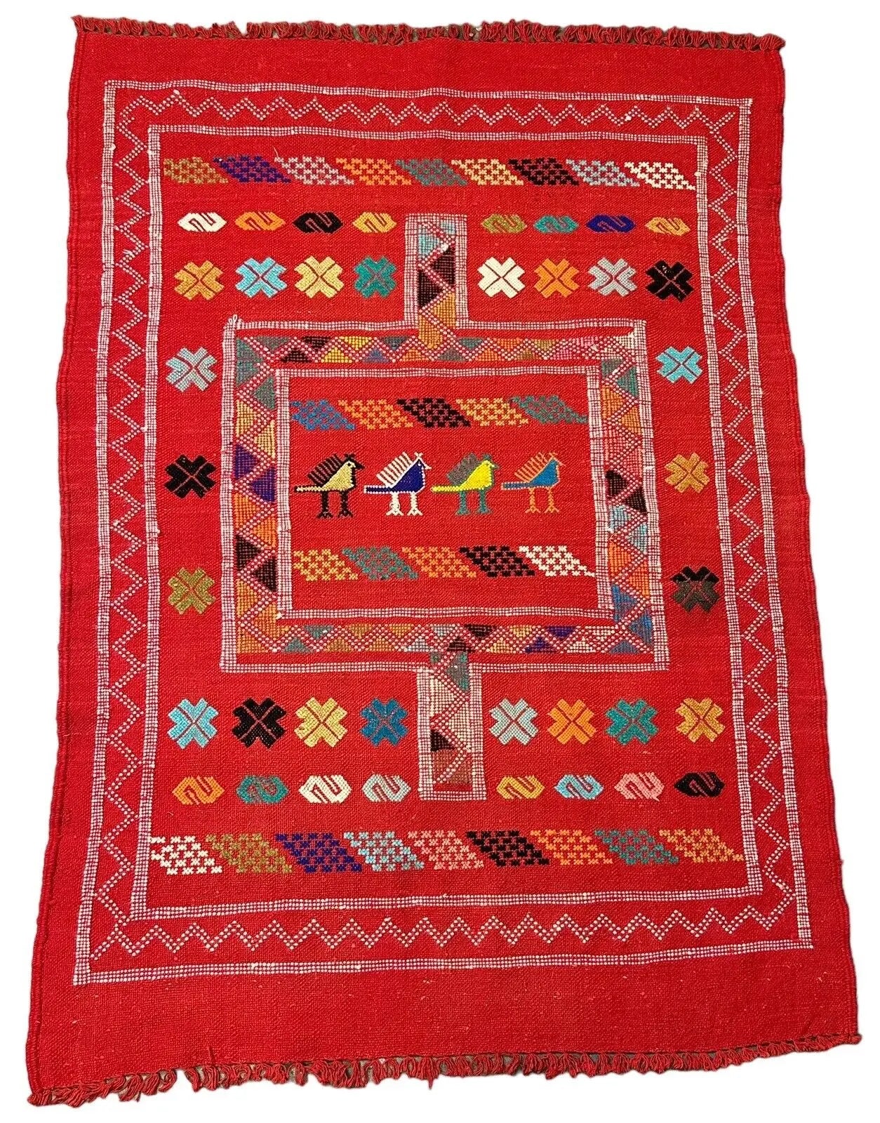 Handmade Vintage Wool Rug Moroccan Tribal Design Red 3'1 x 4'3 I Got Rugs
