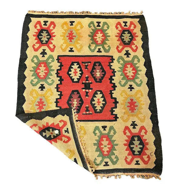 Handmade Vintage Wool Rug Multicolor Geometric Turkish Kilim Design 3'1 x 4' I Got Rugs