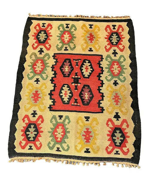 Handmade Vintage Wool Rug Multicolor Geometric Turkish Kilim Design 3'1 x 4' I Got Rugs