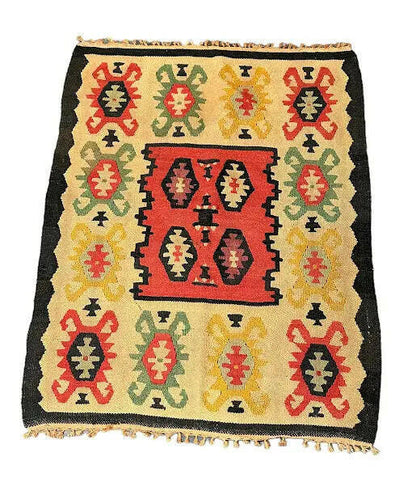 Handmade Vintage Wool Rug Multicolor Geometric Turkish Kilim Design 3'1 x 4' I Got Rugs