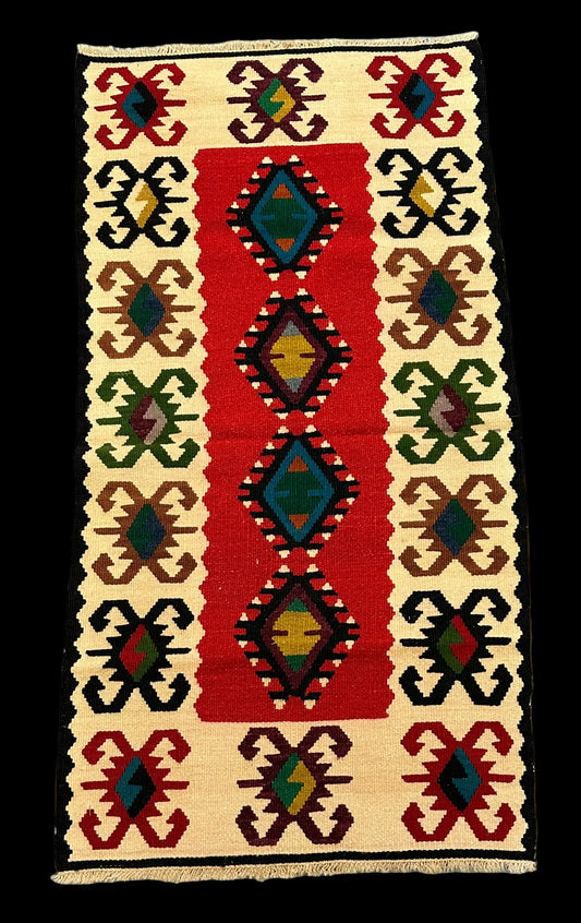 Handmade Vintage Wool Rug Multicolor Turkish Geometric Kilim 2' x 4' I Got Rugs