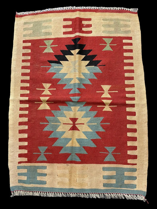 Handmade Vintage Wool Rug Multicolor Turkish Kilim Tribal Design 2'8 x 3'8 I Got Rugs