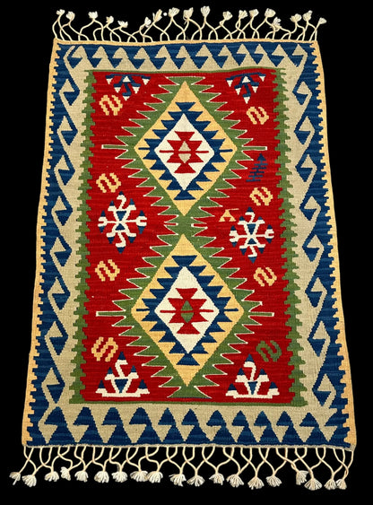 Handmade Vintage Wool Rug Multicolor Turkish Shabby Kilim Geometric 2'7 x 3'8 I Got Rugs
