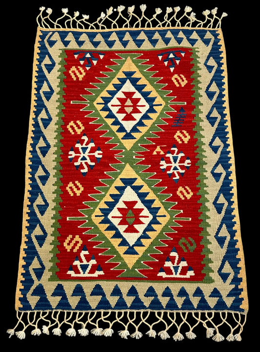 Handmade Vintage Wool Rug Multicolor Turkish Shabby Kilim Geometric 2'7 x 3'8 I Got Rugs