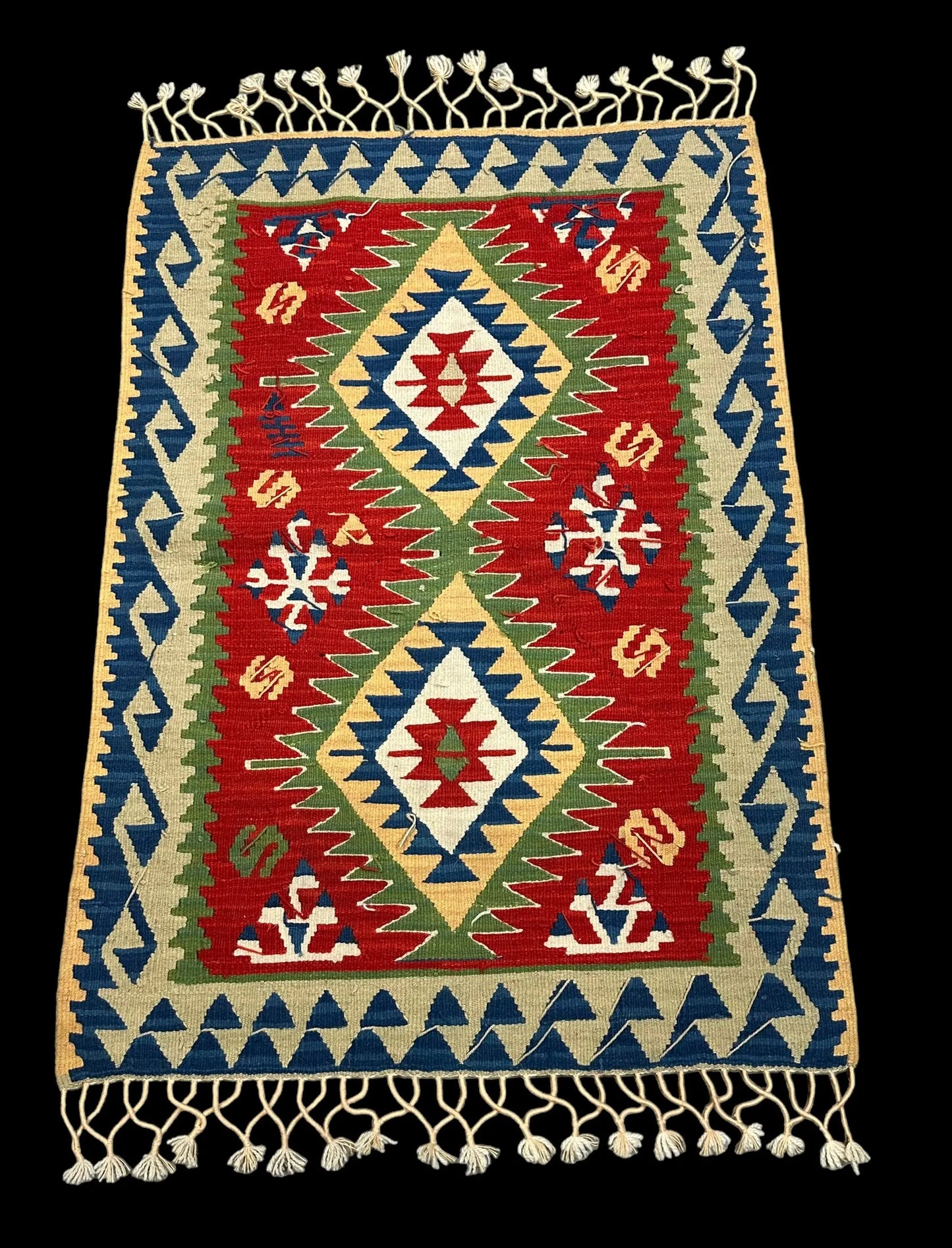 Handmade Vintage Wool Rug Multicolor Turkish Shabby Kilim Geometric 2'7 x 3'8 I Got Rugs