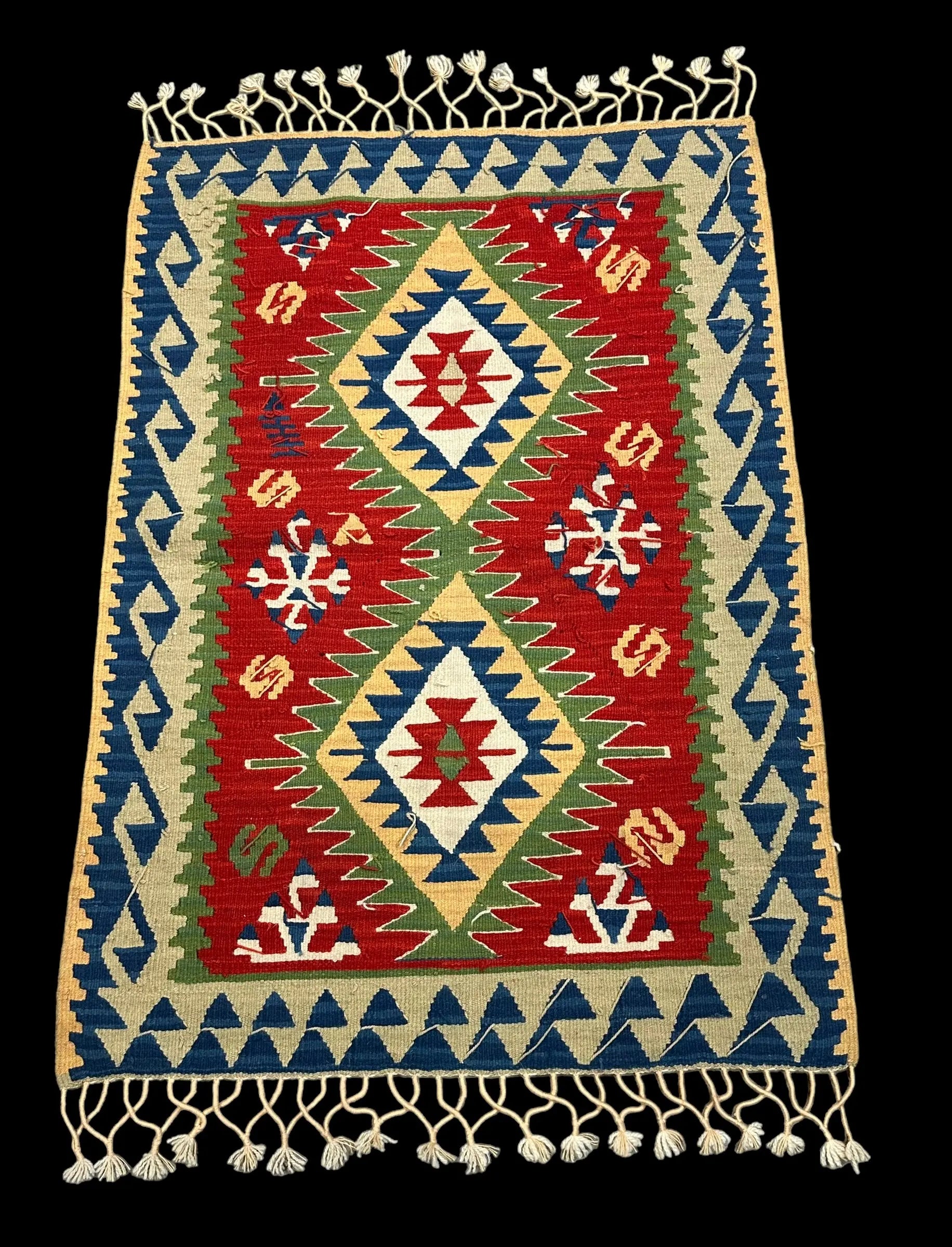 Handmade Vintage Wool Rug Multicolor Turkish Shabby Kilim Geometric 2'7 x 3'8 I Got Rugs